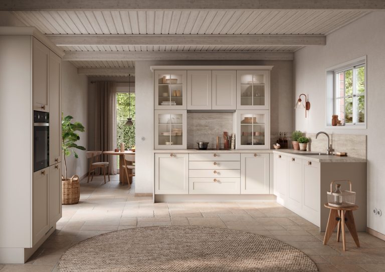 Shaker kitchen in cream with timber floor